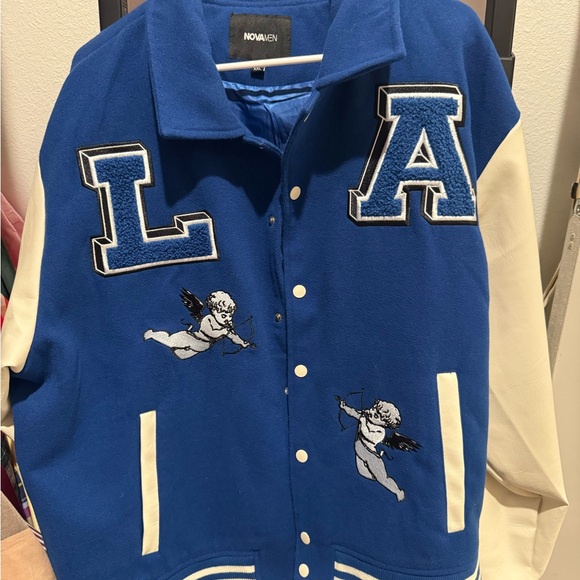 Blue and White Varsity Jacket with Angel Patches - Picture 2 of 2